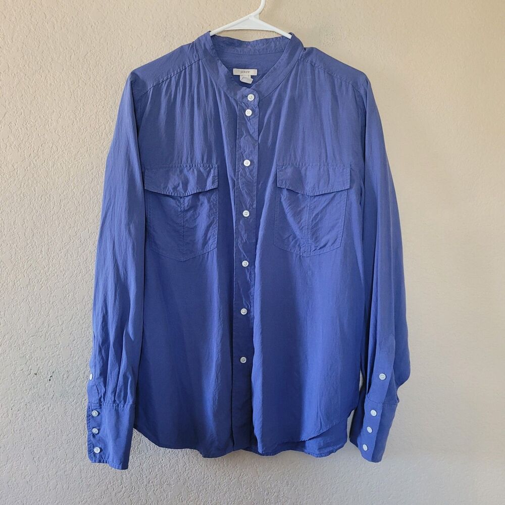 J Crew Womens 100% Silk Utility Shirt Size Large Blue Button Long Sleeve Pockets